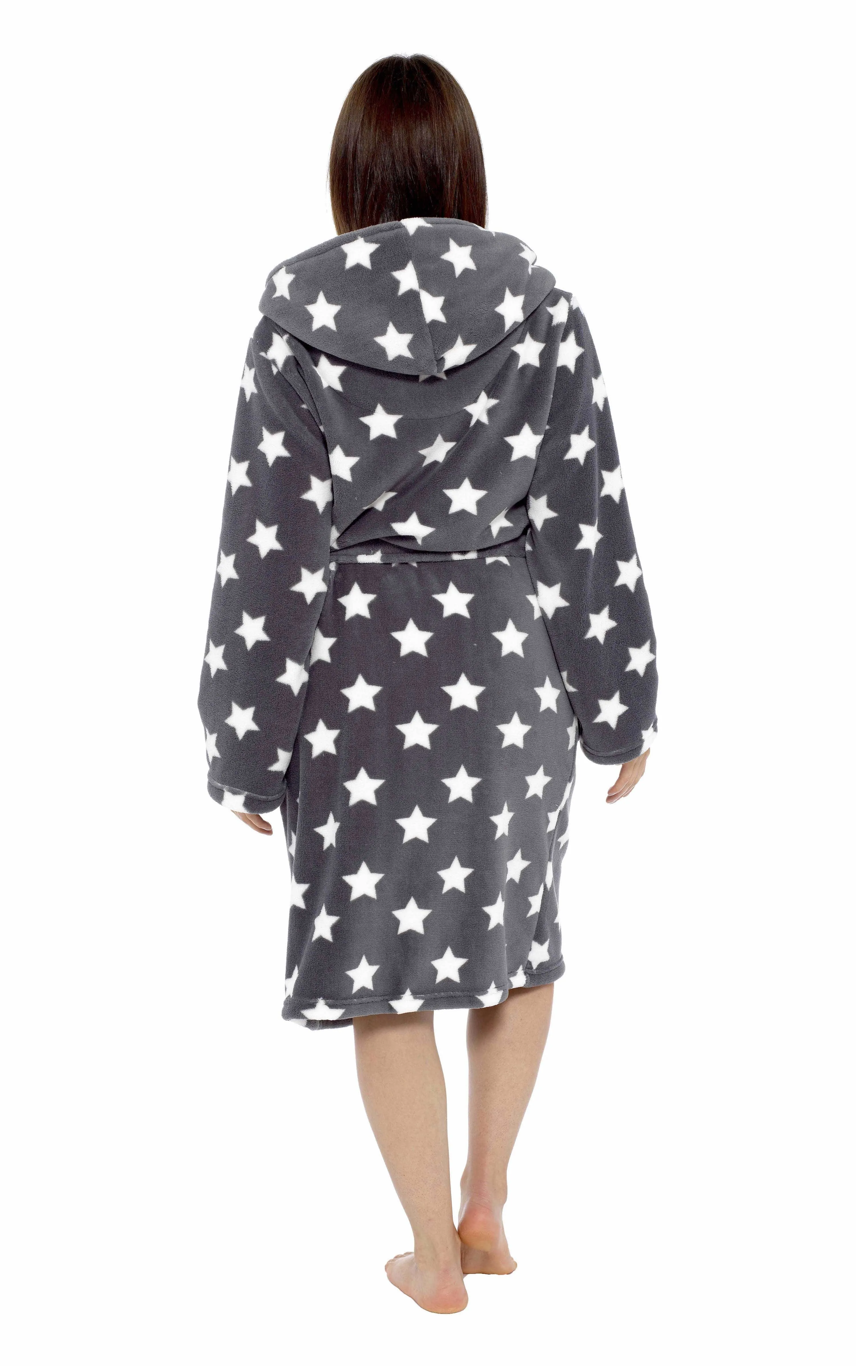 Women's Star Grey Hooded Plush Fleece Robe with Ultra Soft Sherpa Fur Lining and Stylish Star Pattern by Daisy Dreamer