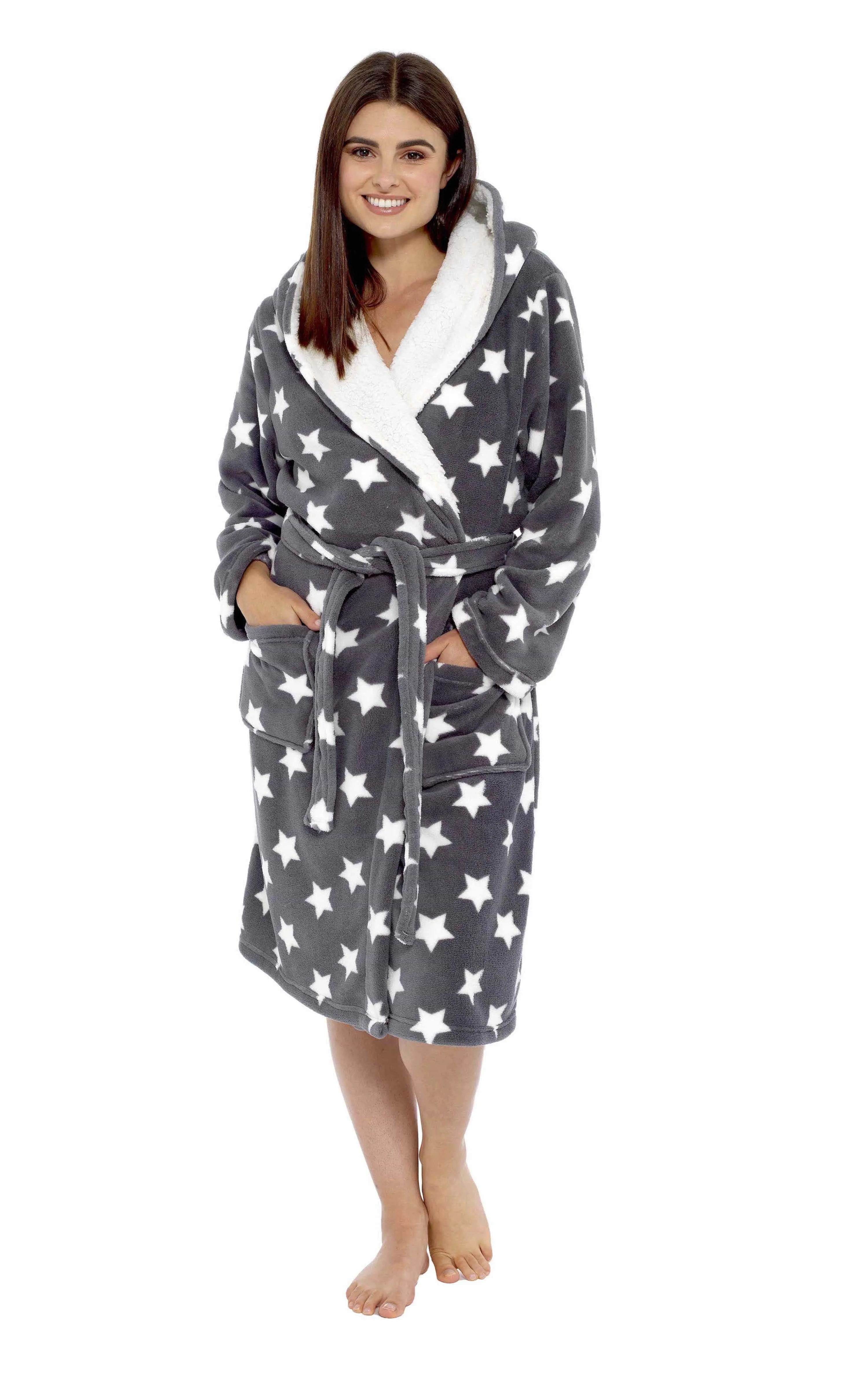 Women's Star Grey Hooded Plush Fleece Robe with Ultra Soft Sherpa Fur Lining and Stylish Star Pattern by Daisy Dreamer