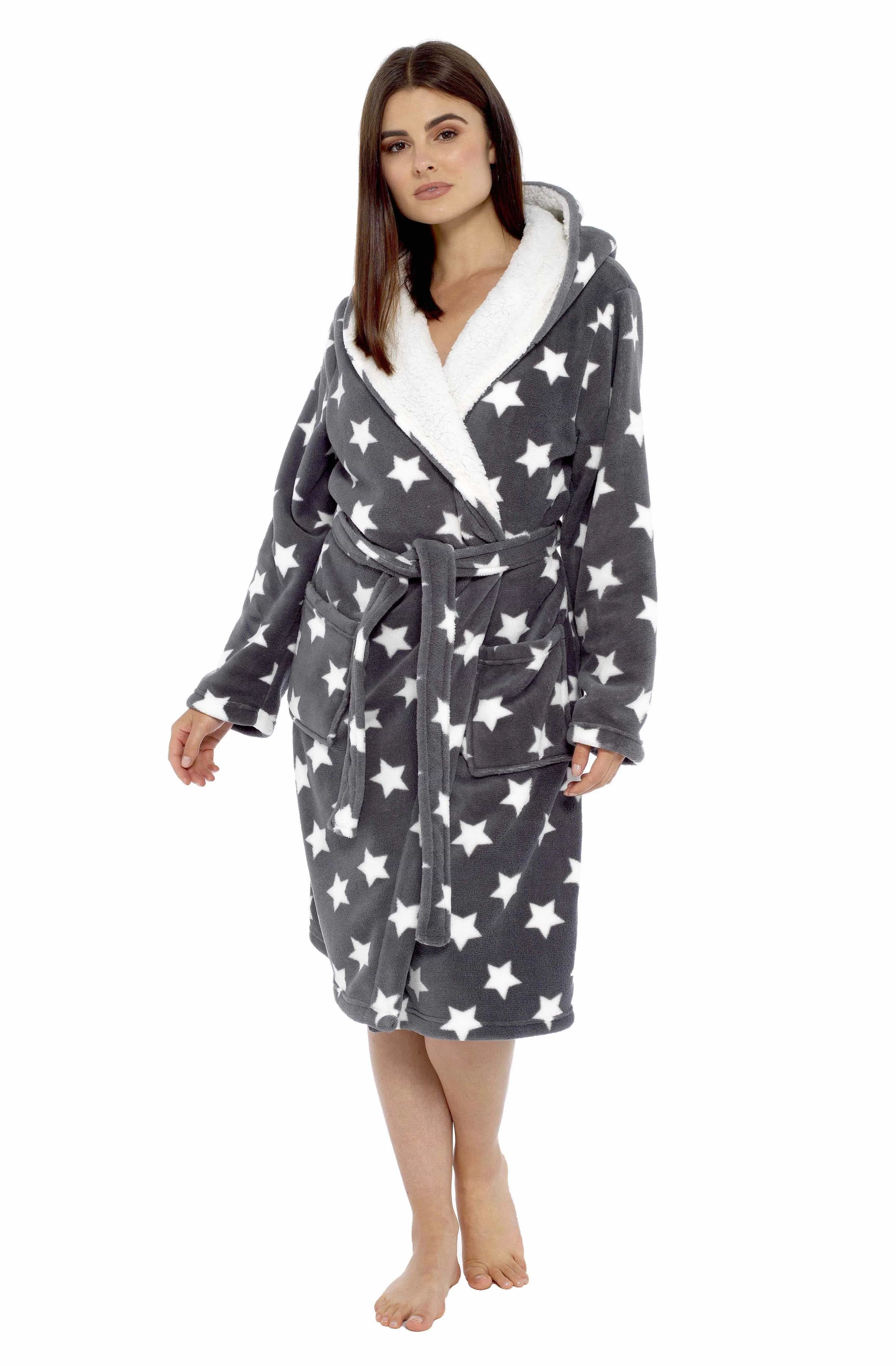 Women's Star Grey Hooded Plush Fleece Robe with Ultra Soft Sherpa Fur Lining and Stylish Star Pattern by Daisy Dreamer