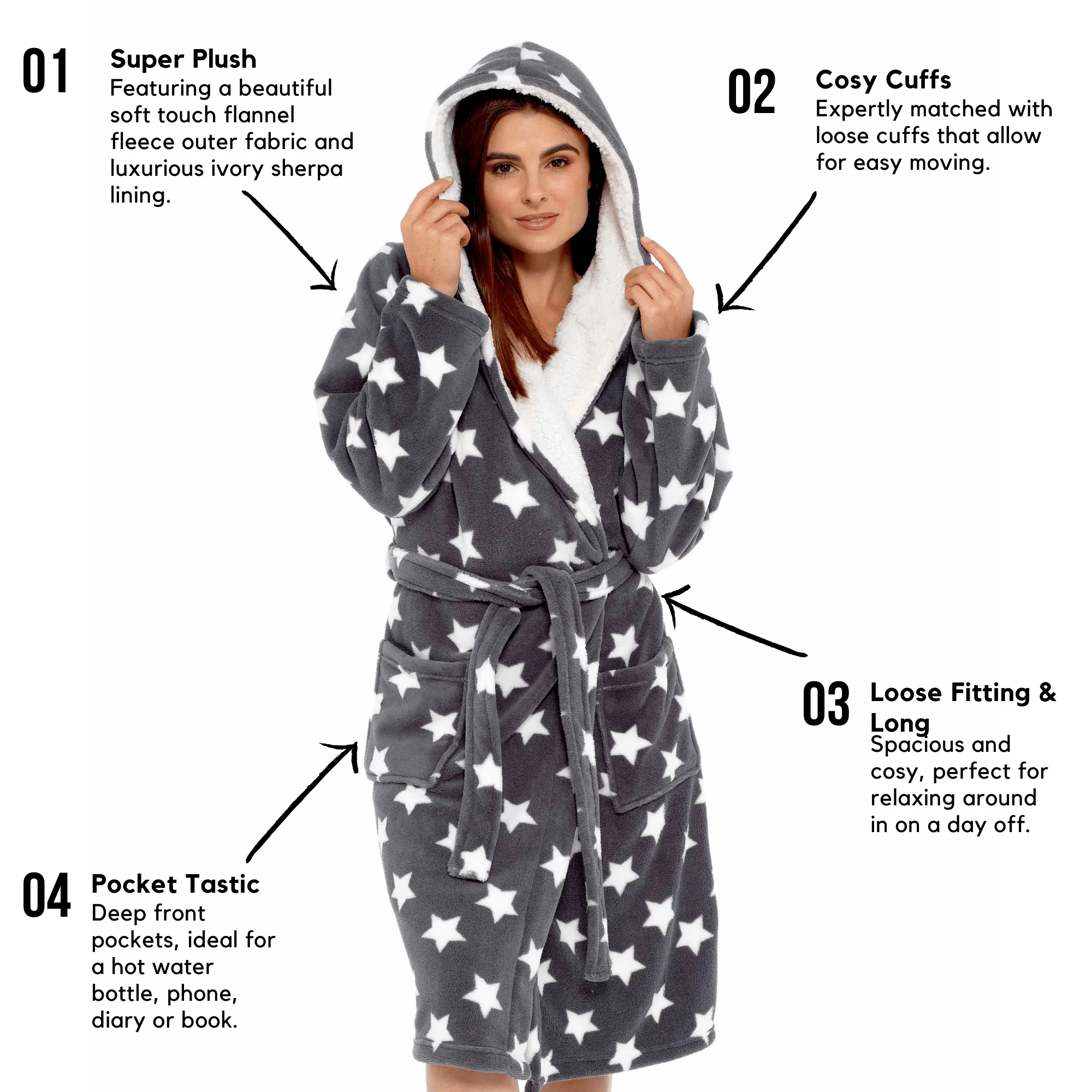 Women's Star Grey Hooded Plush Fleece Robe with Ultra Soft Sherpa Fur Lining and Stylish Star Pattern by Daisy Dreamer