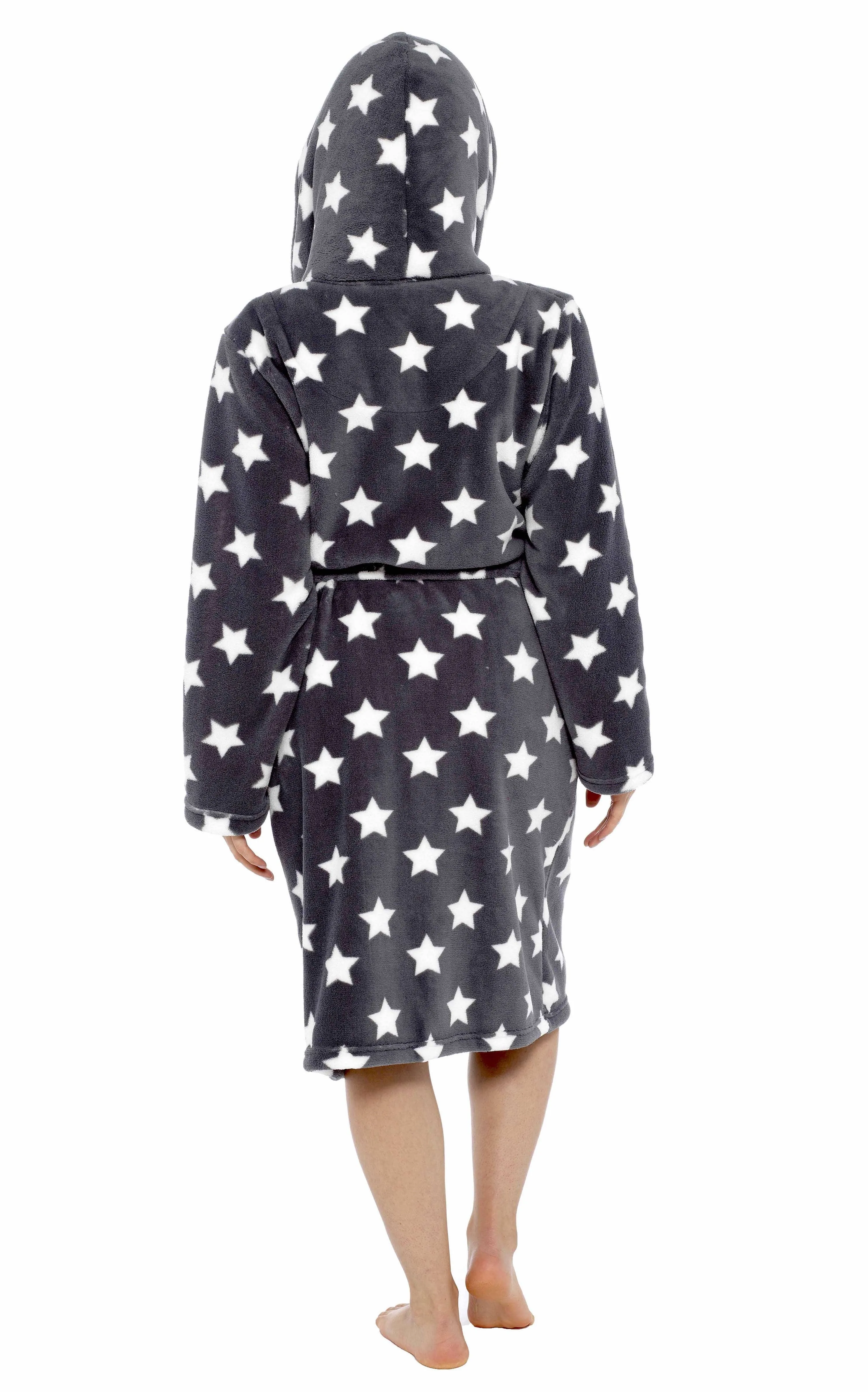 Women's Star Grey Hooded Plush Fleece Robe with Ultra Soft Sherpa Fur Lining and Stylish Star Pattern by Daisy Dreamer