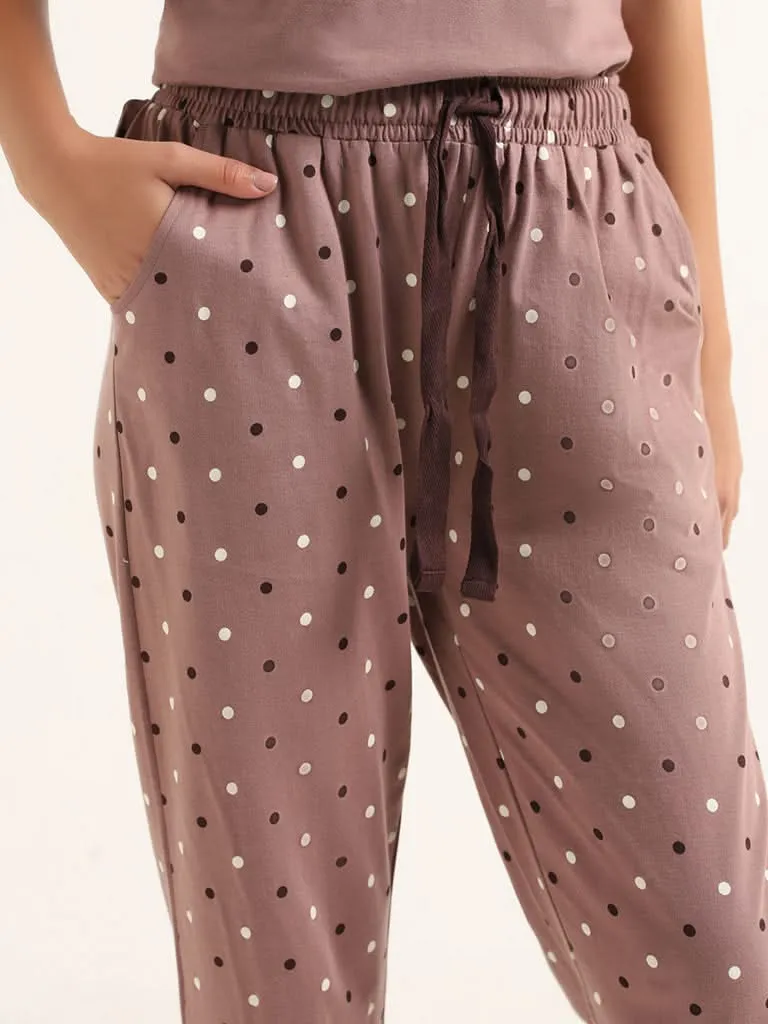 Wunderlove Brown Polka-Dotted Cotton Pyjamas