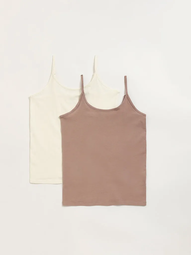 Wunderlove Off-White Cotton Blend Camisoles - Pack of 2